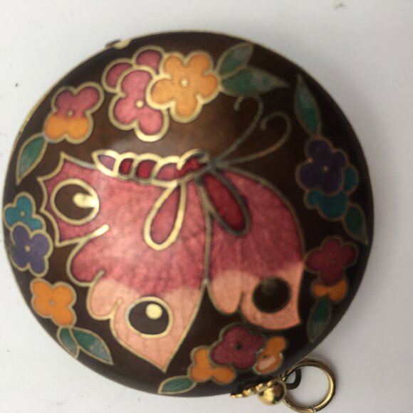 Cloisonne Butterfly Pendant Necklace Black Pink Enamel Puff Double Sided Flowers - Picture 9 of 14
